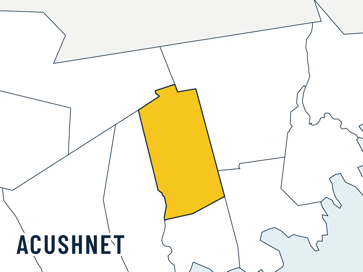 Illustrated map of Acushnet, highlighted in gold among its neighbors