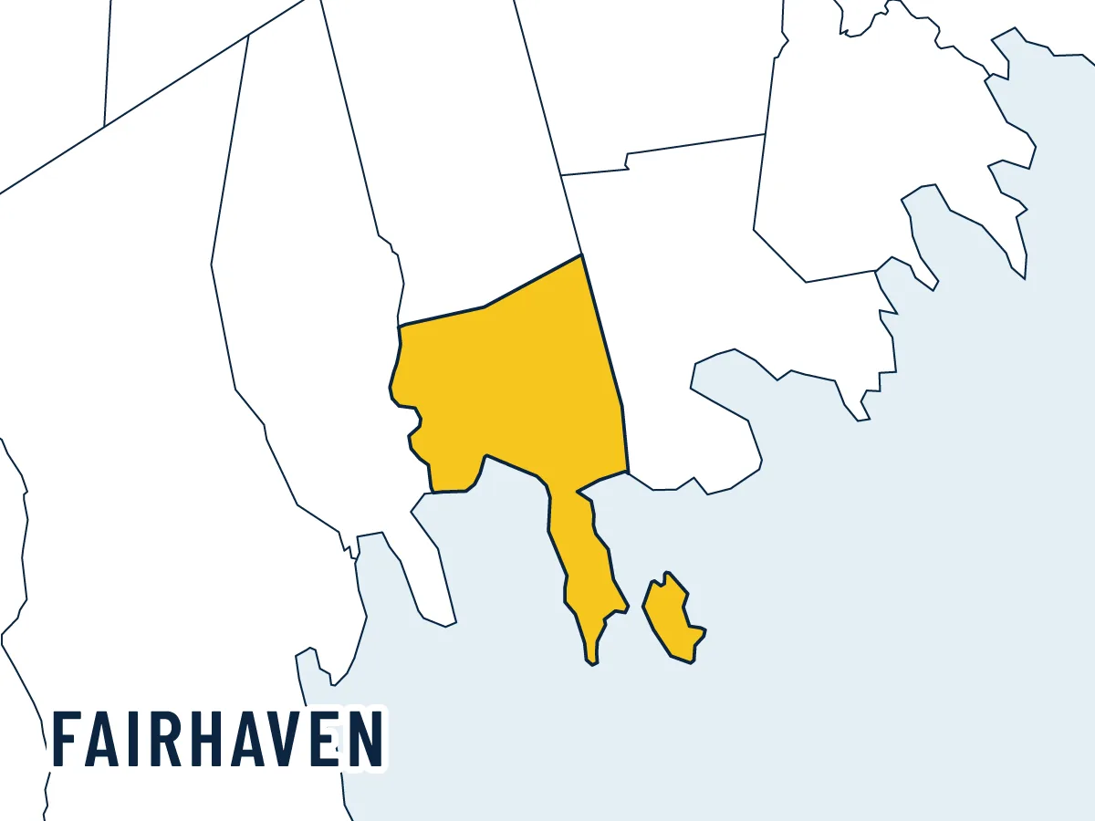 Illustrated map of Fairhaven, highlighted in gold among its neighbors