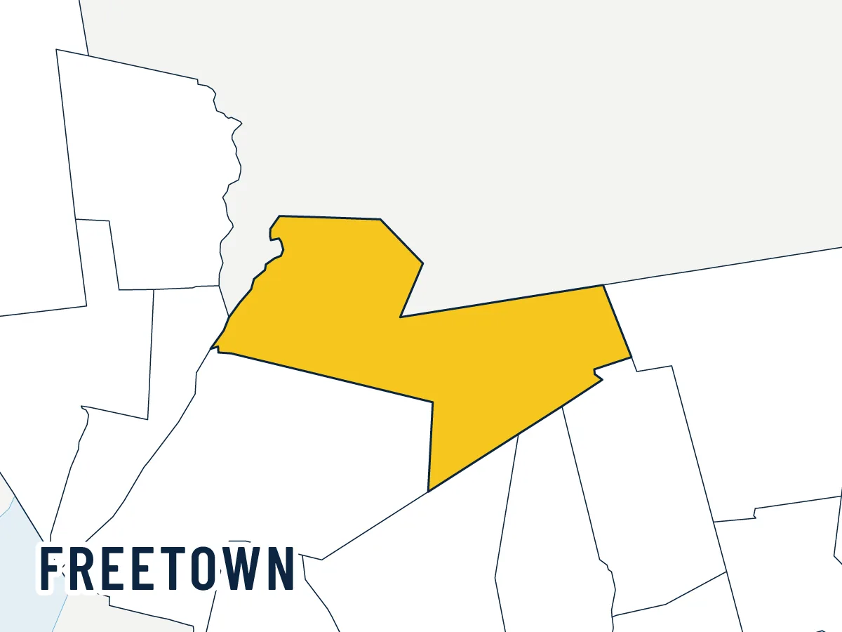 Illustrated map of Freetown, highlighted in gold among its neighbors