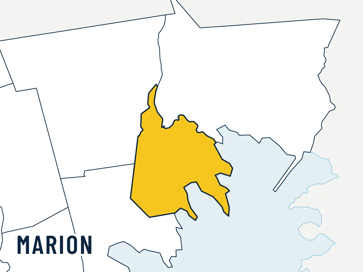 Illustrated map of Marion, highlighted in gold among its neighbors