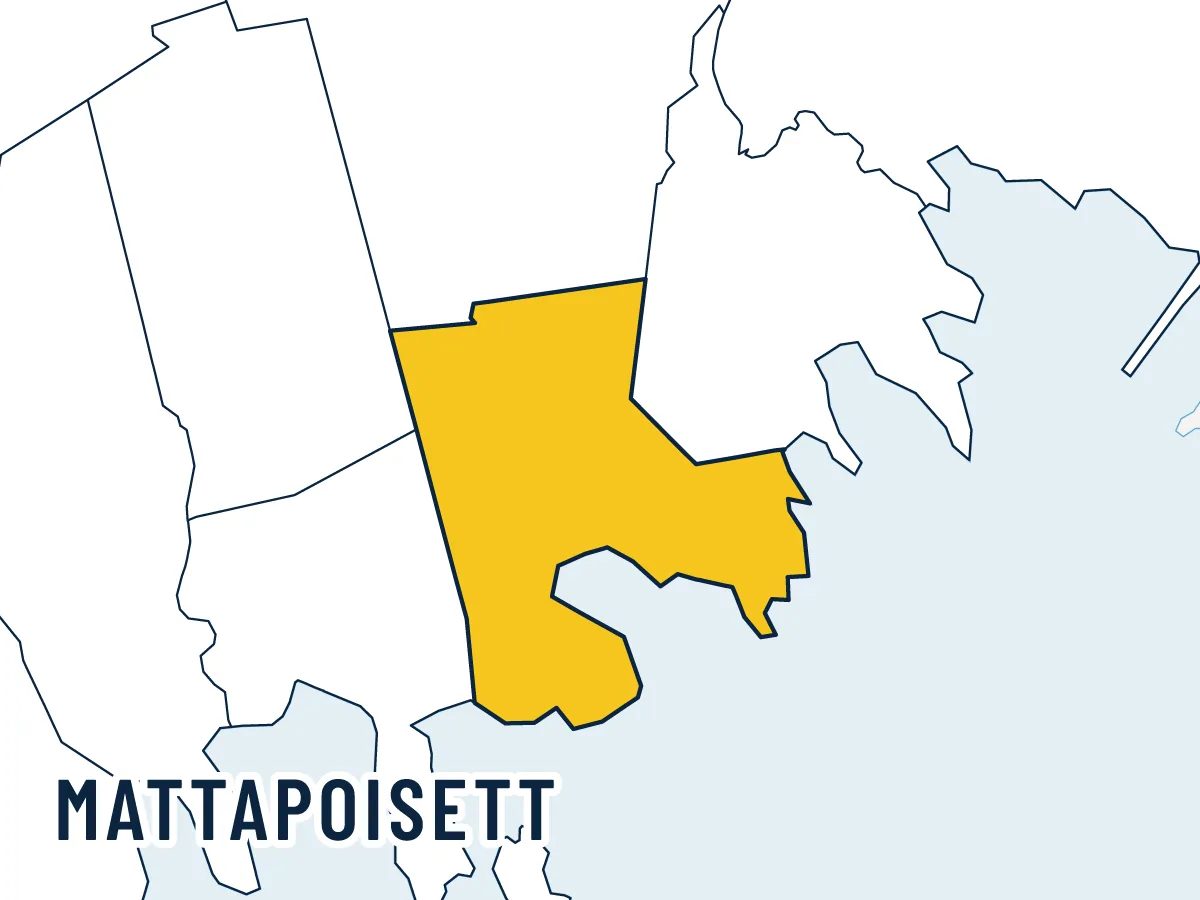 Illustrated map of Mattapoisett, highlighted in gold among its neighbors