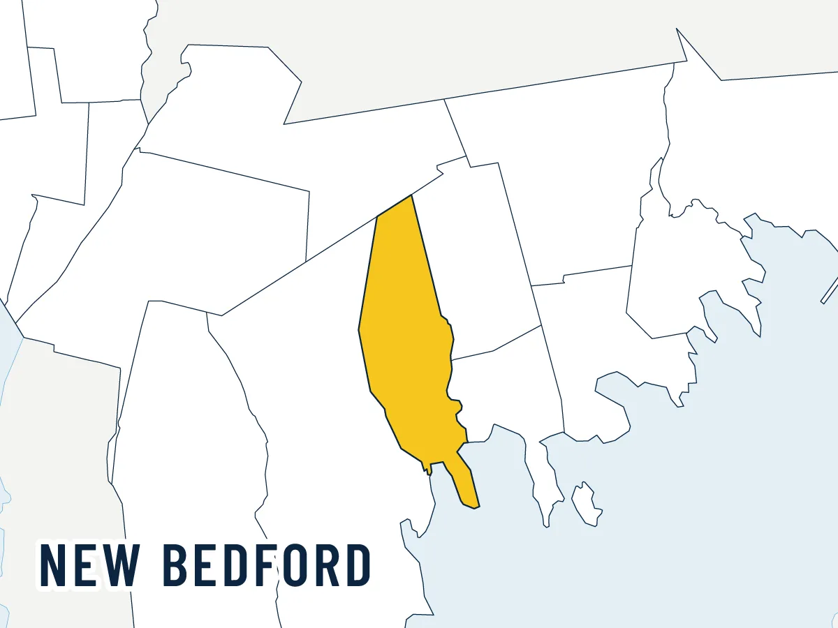 Illustrated map of New Bedford, highlighted in gold among its neighbors