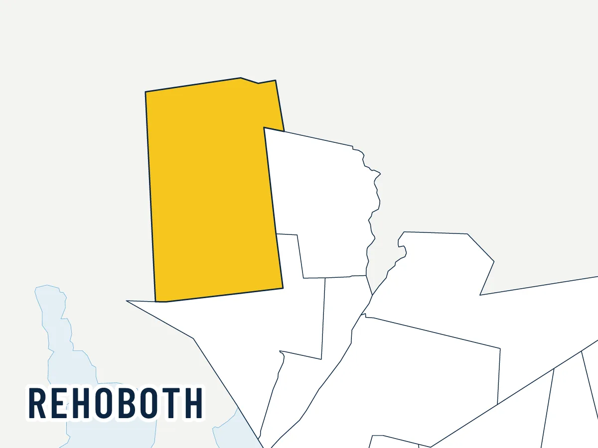 Illustrated map of Rehoboth, highlighted in gold among its neighbors