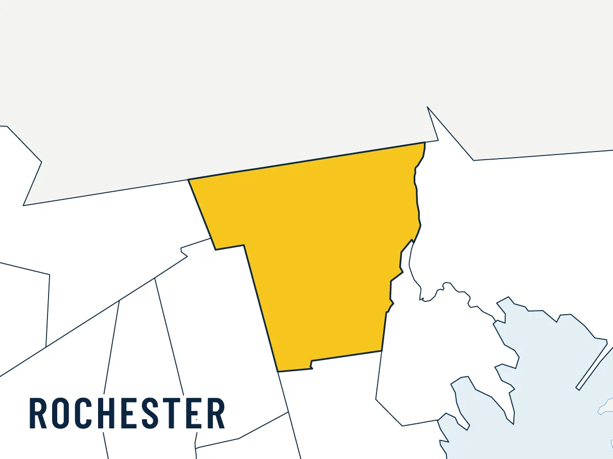 Illustrated map of Rochester, highlighted in gold among its neighbors