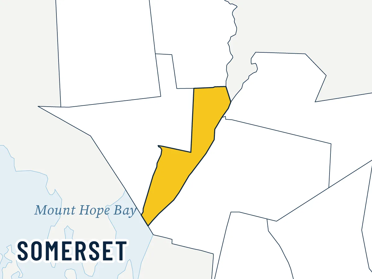 Illustrated map of Somerset, highlighted in gold among its neighbors