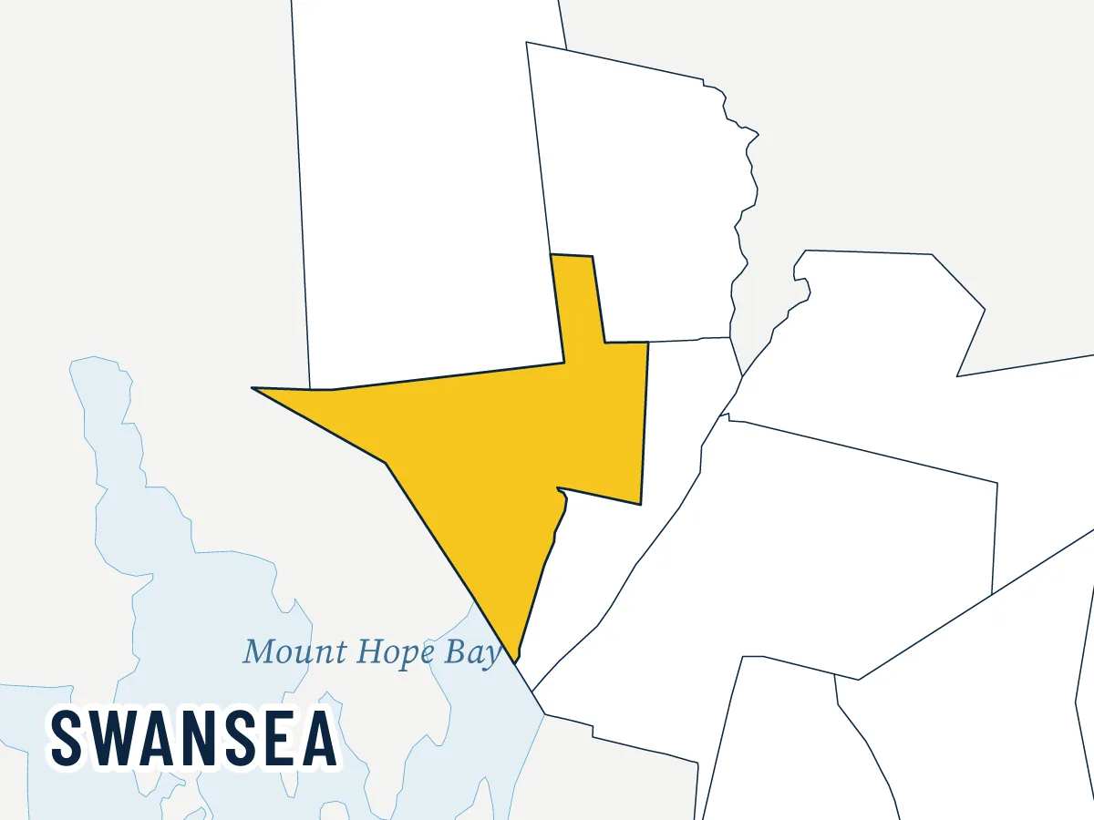 Illustrated map of Swansea, highlighted in gold among its neighbors