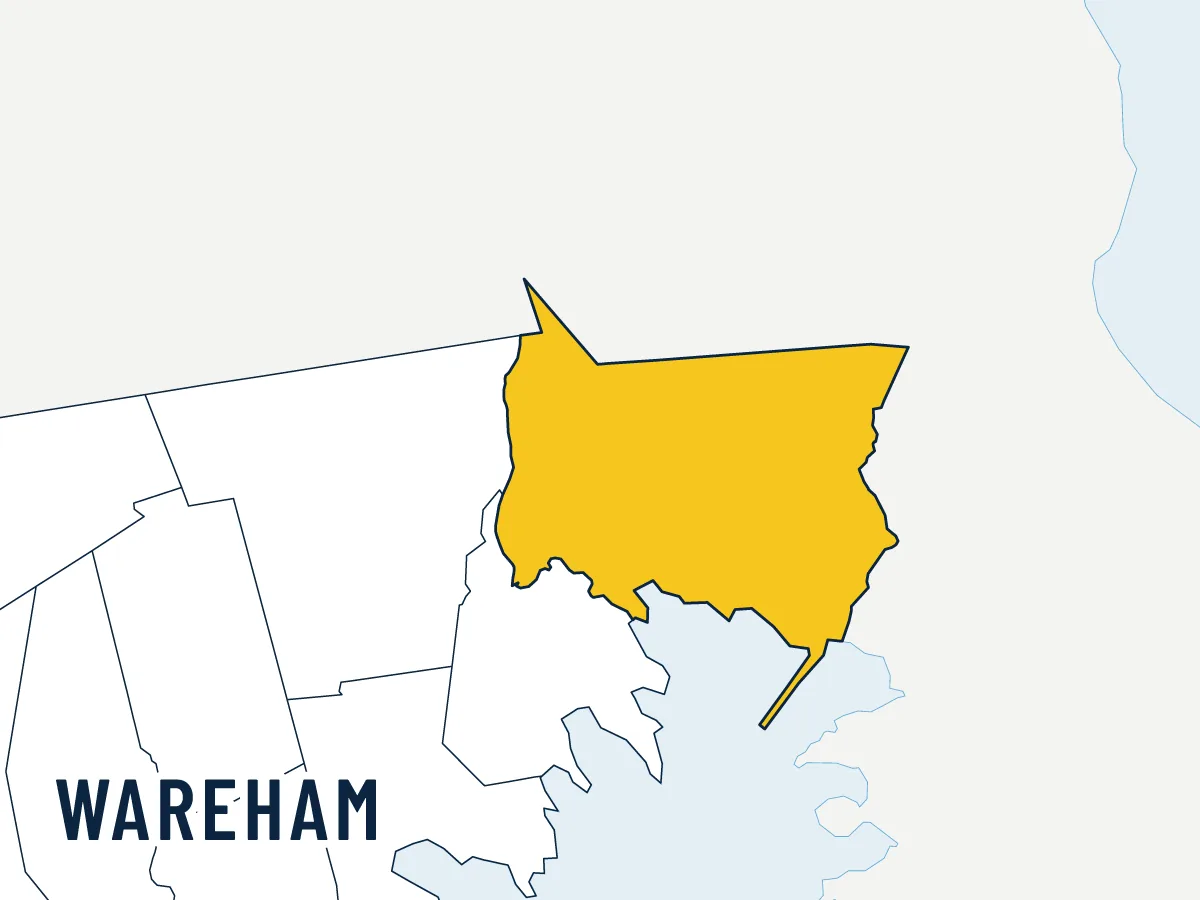 Illustrated map of Wareham, highlighted in gold among its neighbors
