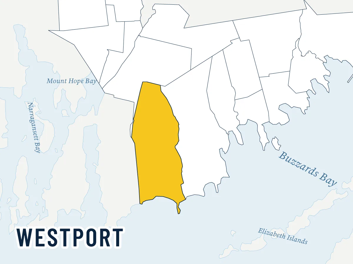 Illustrated map of Westport, highlighted in gold among its neighbors