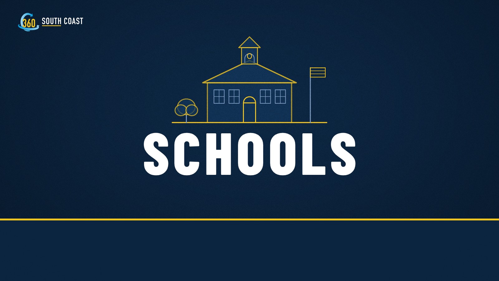 South Coast 360 News graphic: a gold line drawing of a schoolhouse with a bell tower, a tree and a flagpole, above the word Schools