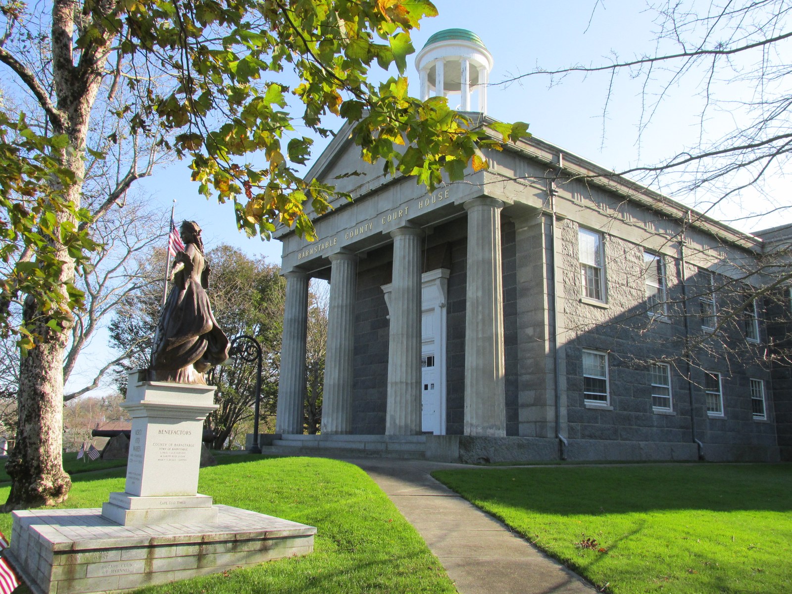 The Barnstable County Courthouse, a Greek Revival stone building on Main Street in Barnstable