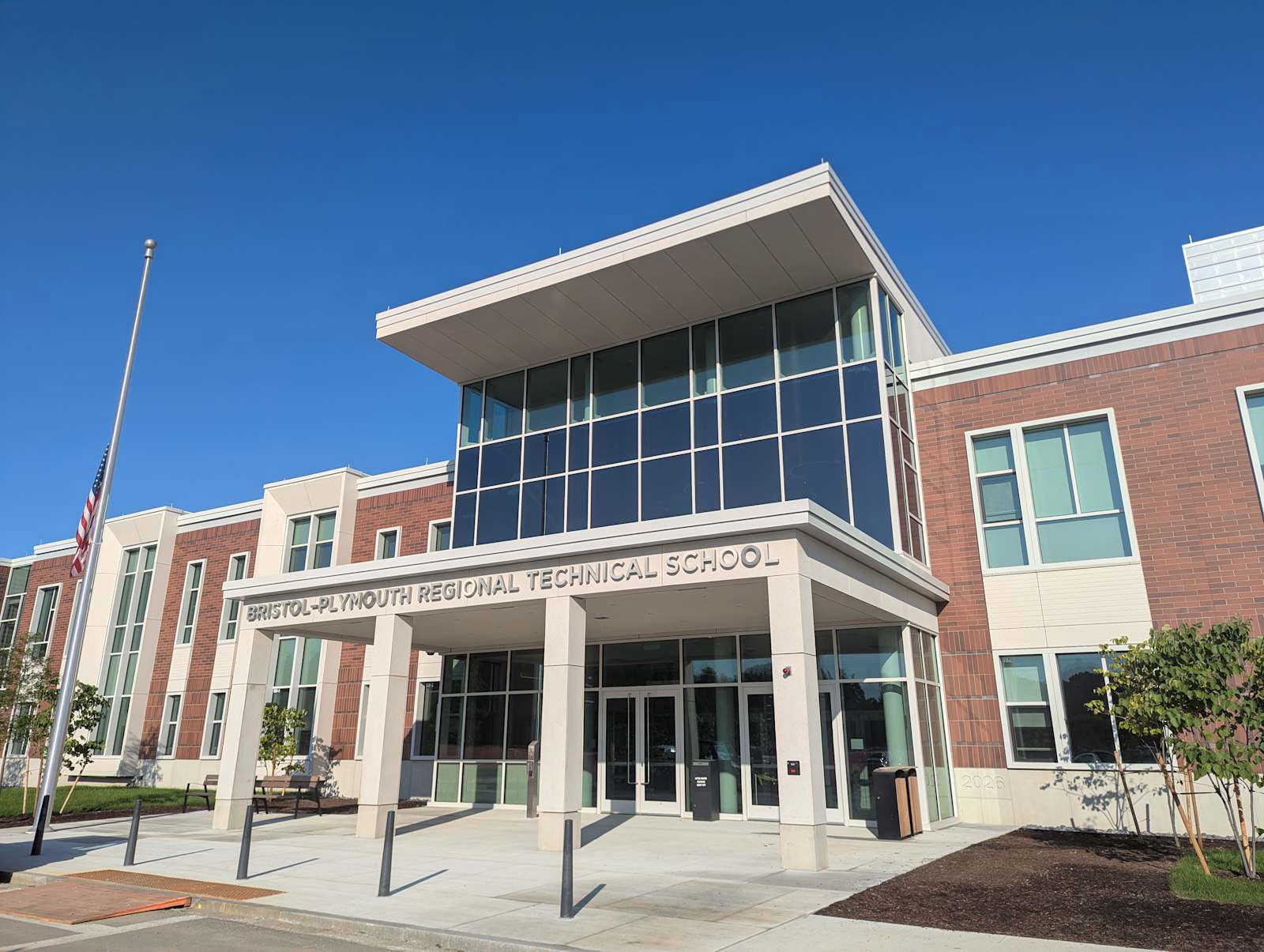 The main entrance of Bristol-Plymouth Regional Technical School in Taunton