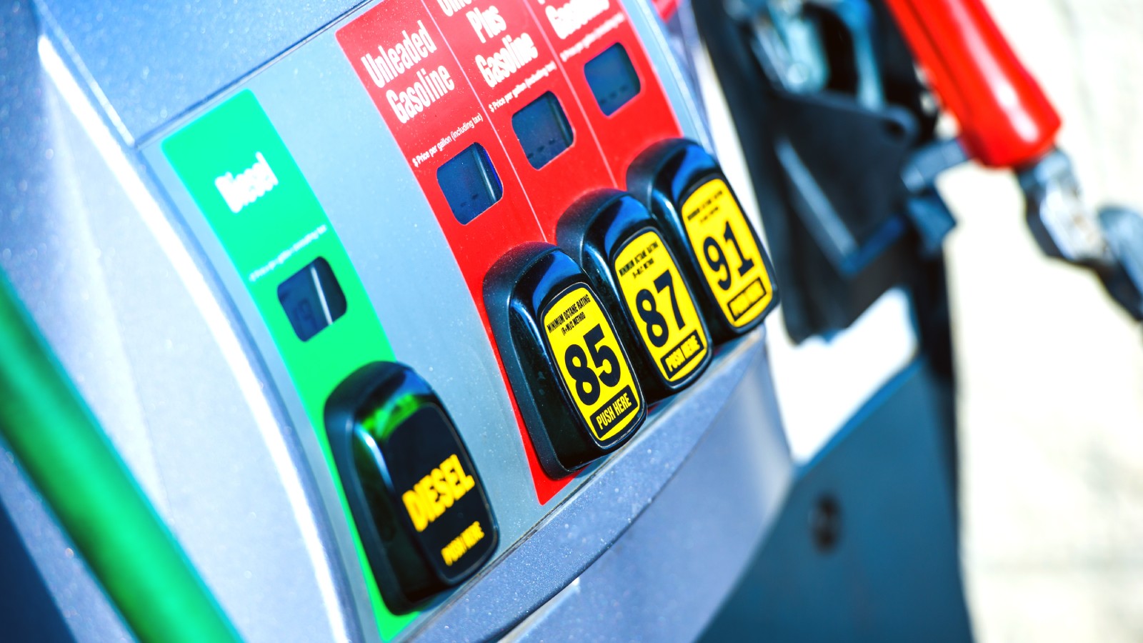 Octane buttons for Unleaded, Plus and Premium gasoline and a Diesel button on a gas pump