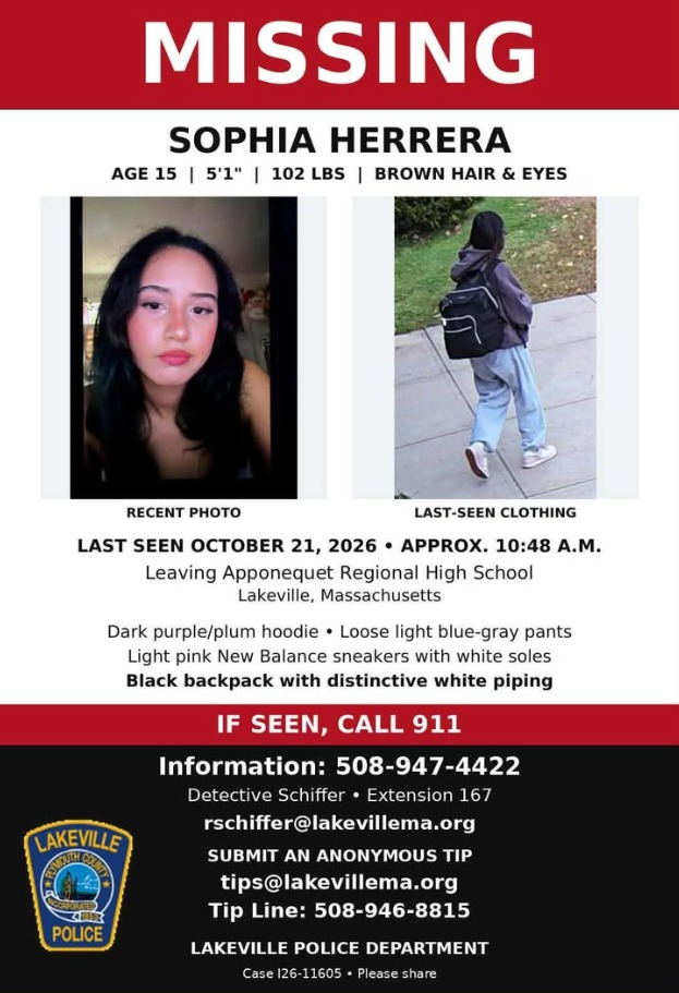 Lakeville Police Department missing poster for 15-year-old Sophia Herrera, with a recent photo of her and a picture of the clothes she was last seen wearing