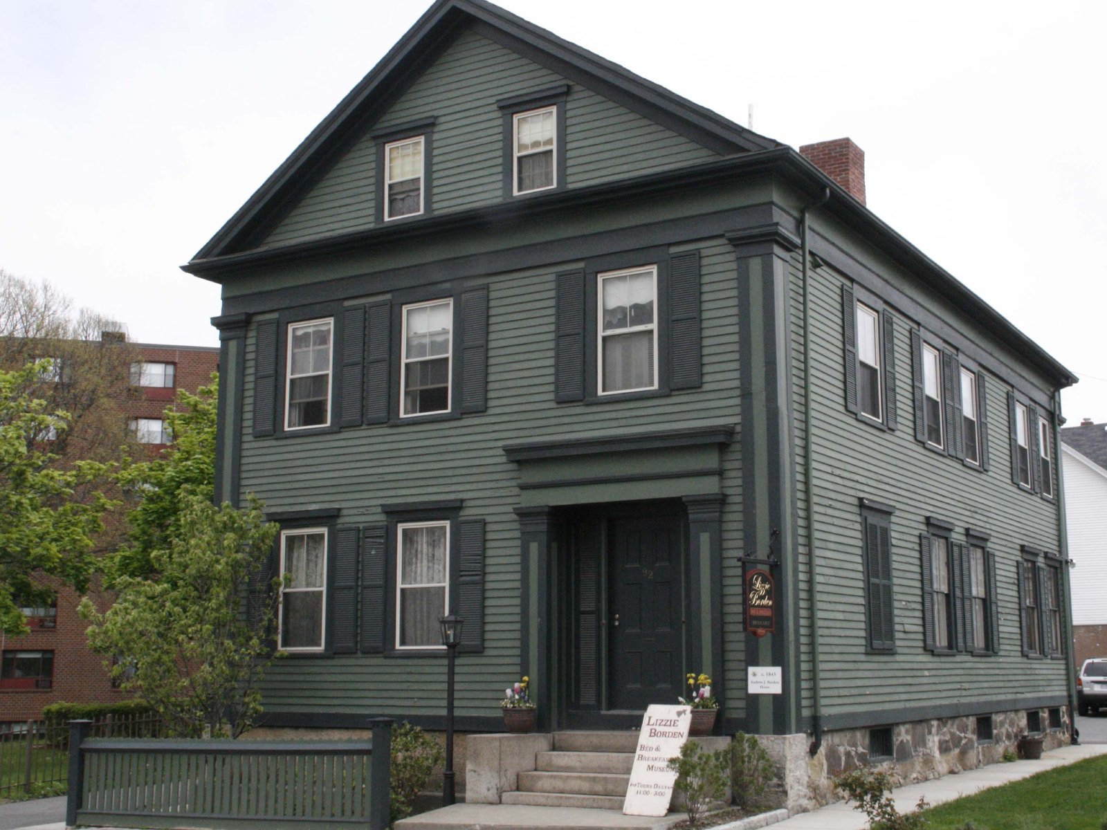 The Lizzie Borden House, a green clapboard house with dark shutters on Second Street in Fall River