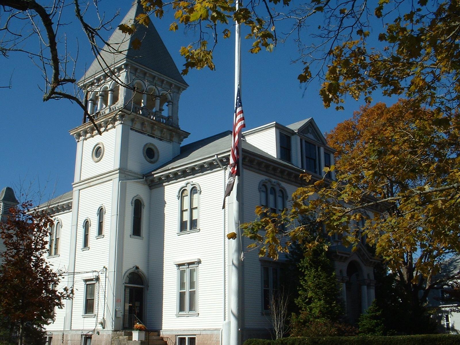 Marion's white clapboard Town House on Spring Street, with its square bell tower and fall foliage