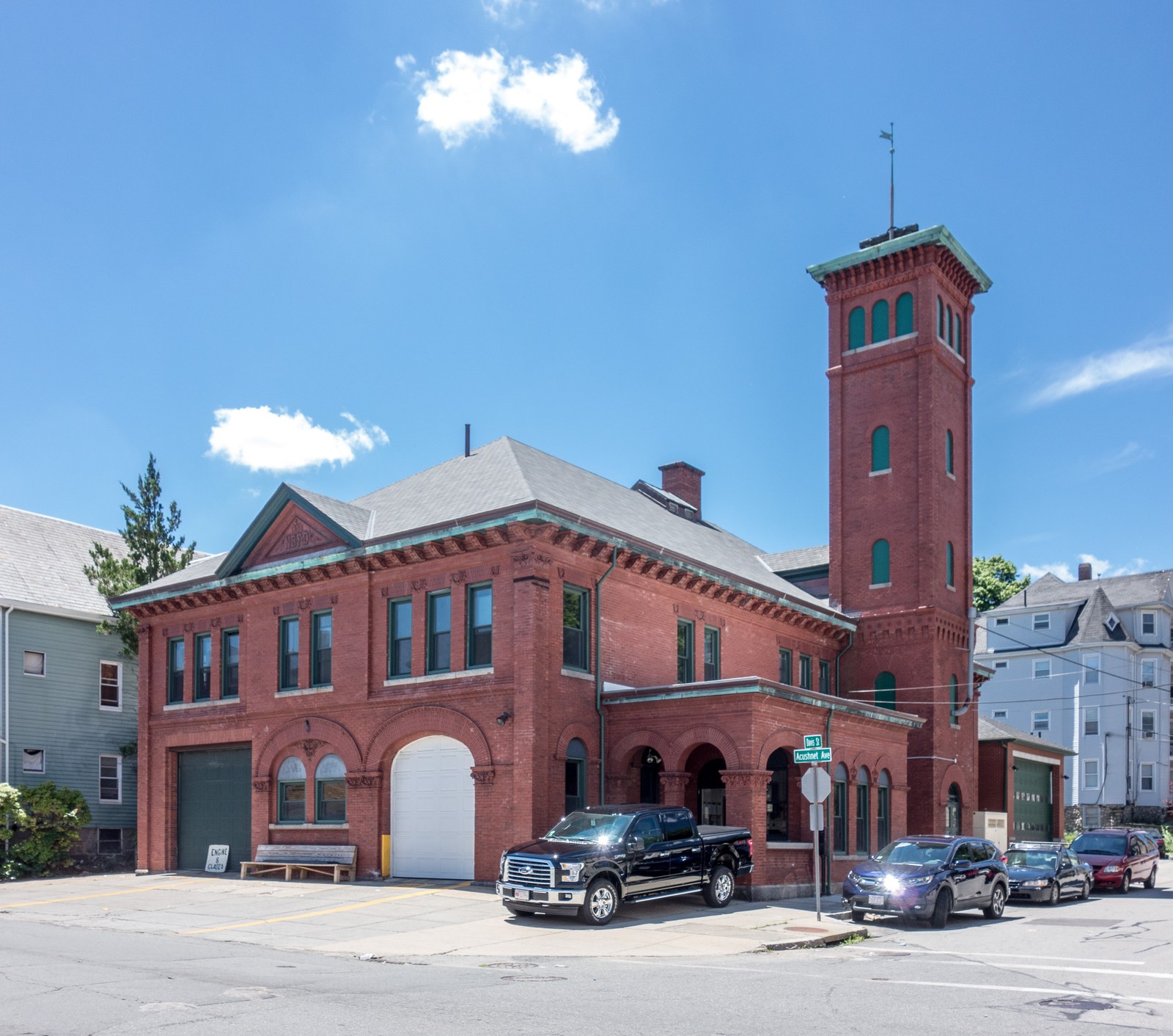 New Bedford Fire Department Engine 8 station on Acushnet Avenue, a brick fire station with red doors