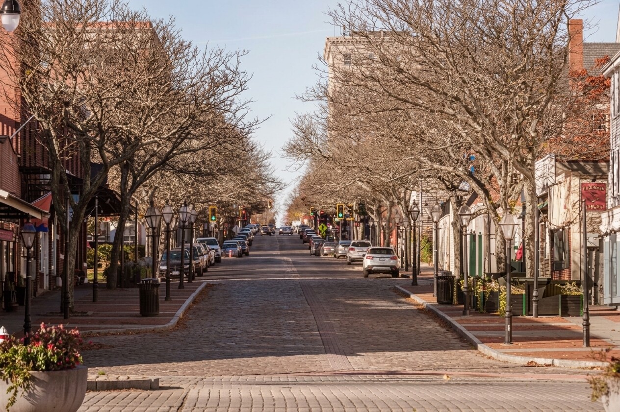 Looking down Union Street in New Bedford, a cobblestone street lined with bare trees, lampposts and parked cars