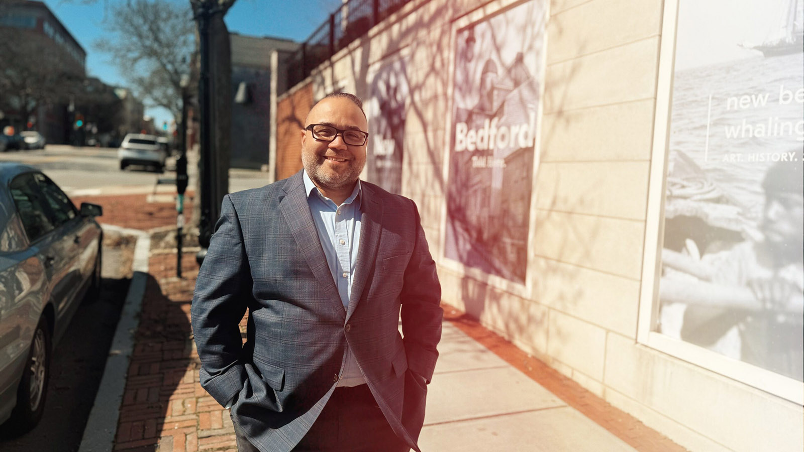 Shawn Oliver on a downtown New Bedford sidewalk, in a campaign photo