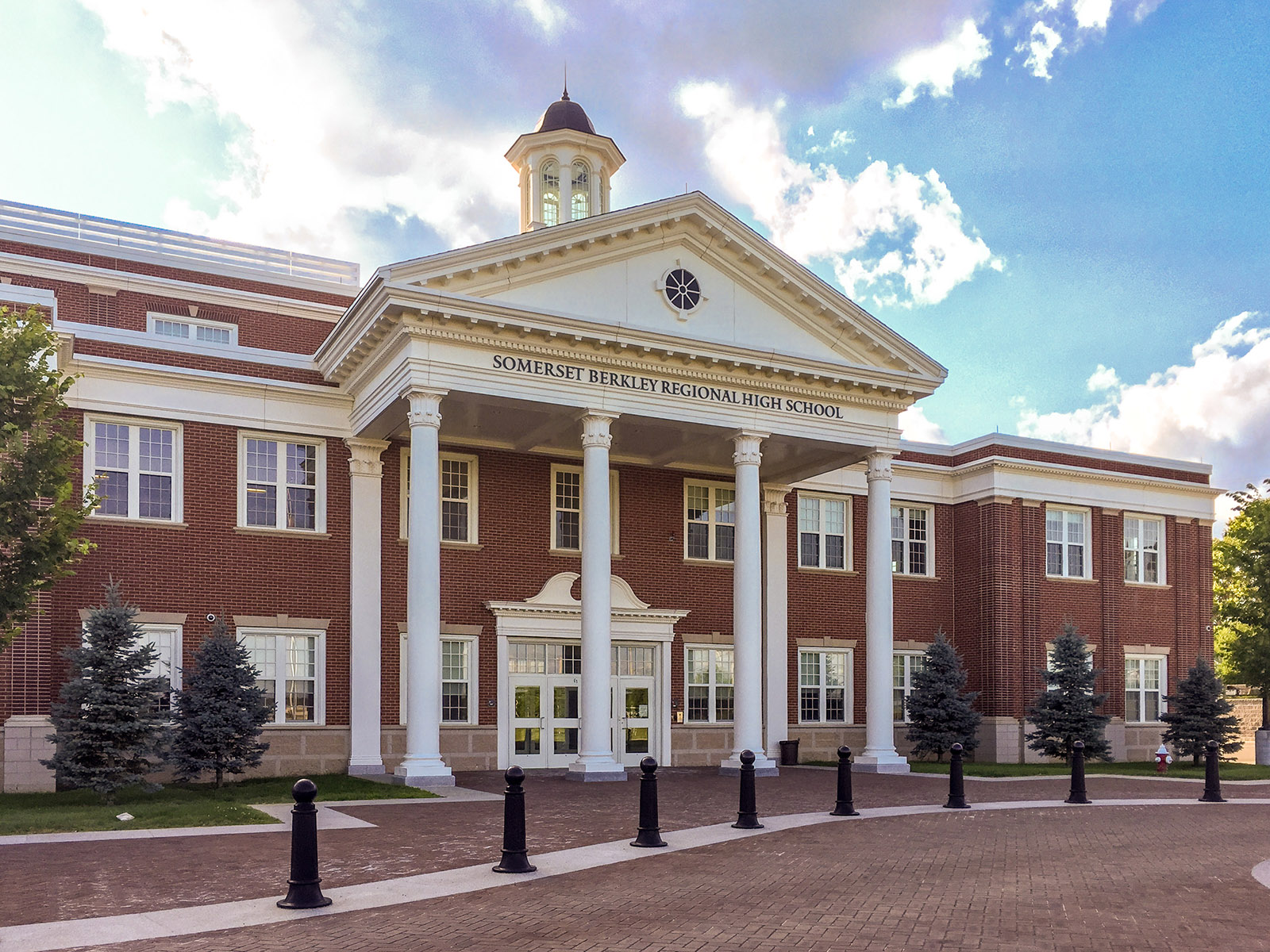 Somerset Berkley Regional High School, a brick building with a white columned entrance