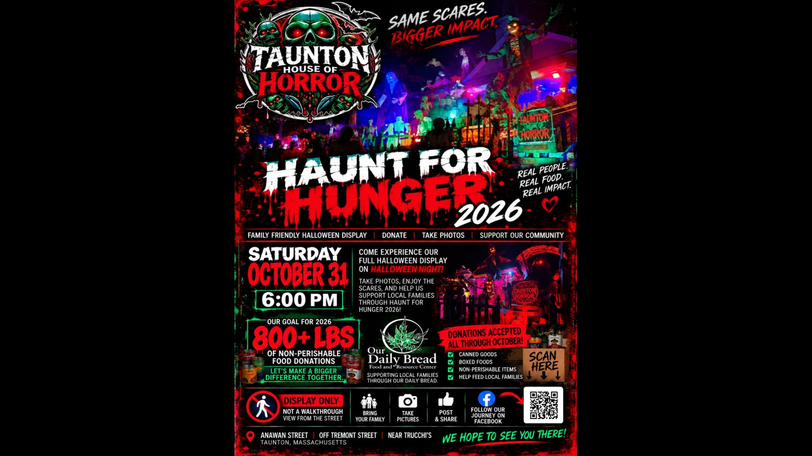 A flyer for Taunton House of Horror Haunt for Hunger 2026 showing the lit Halloween yard display with skeletons and a giant skeleton figure, the date Saturday, Oct. 31, at 6 p.m., and a goal of more than 800 pounds of food donations for Our Daily Bread