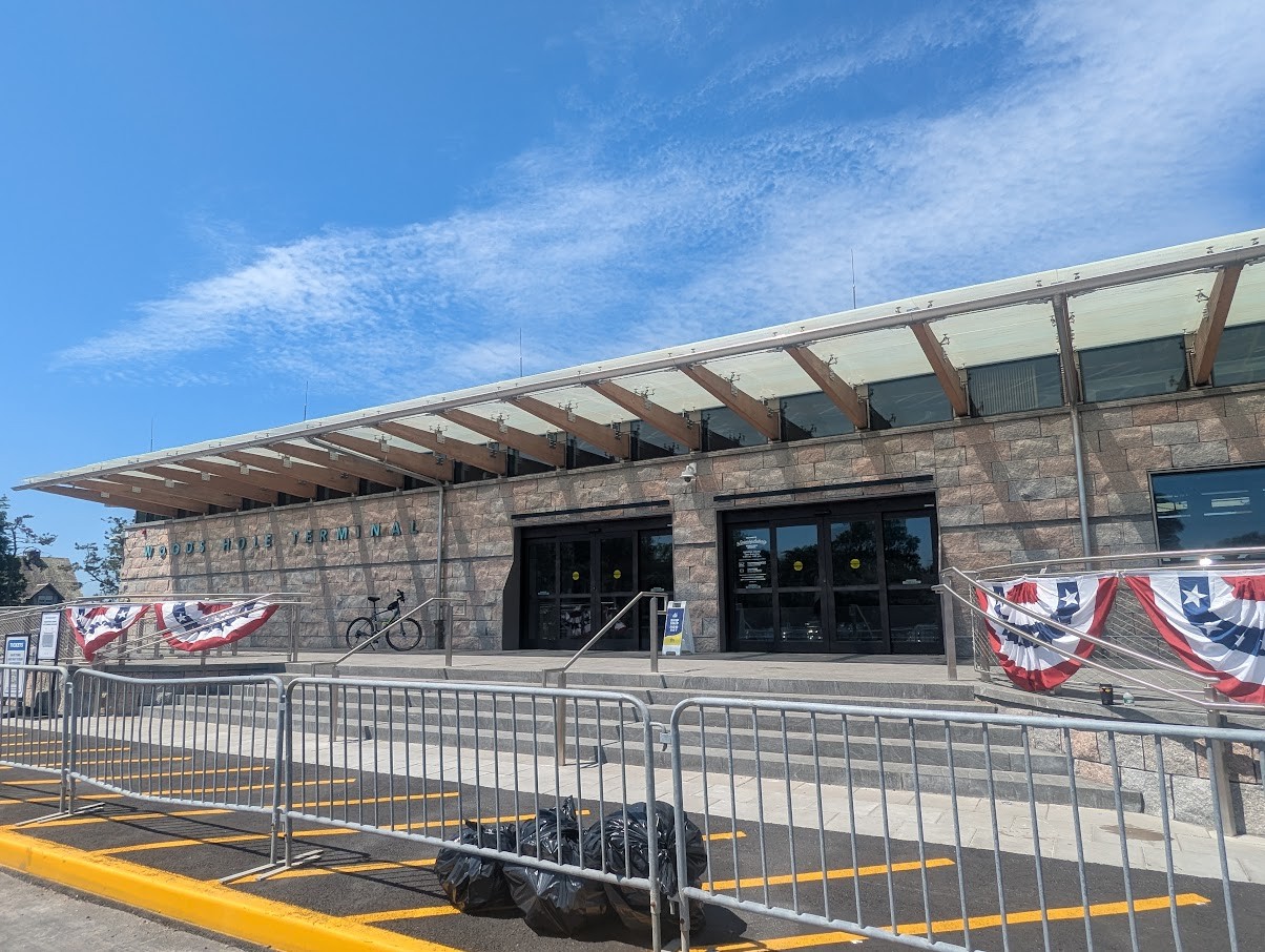 The front of the new Steamship Authority terminal at Woods Hole, with Woods Hole Terminal lettered on its stone wall