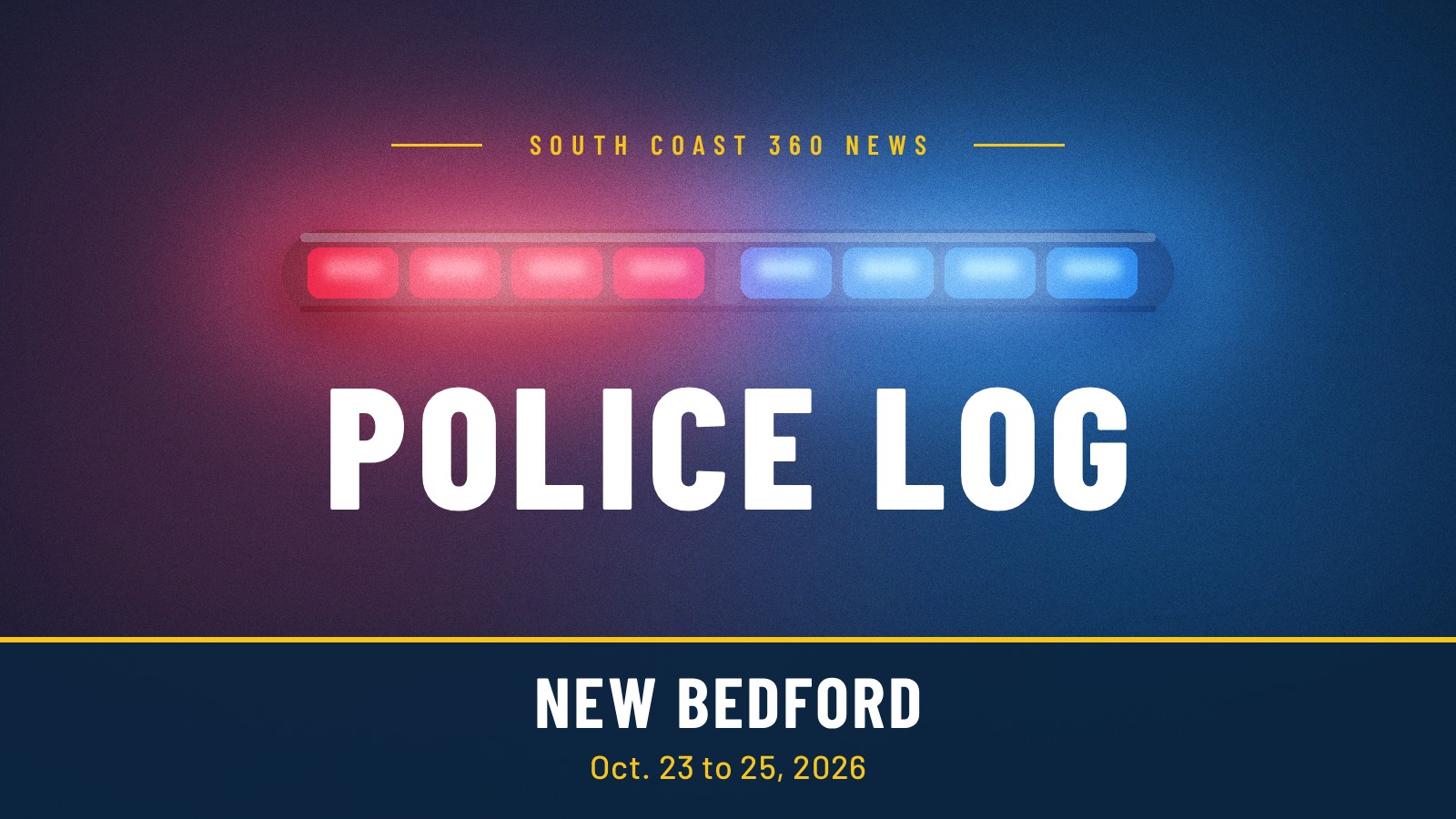 South Coast 360 News police log graphic: a red and blue police light bar above the words Police Log, with New Bedford and Oct. 23 to 25, 2026 in the band below
