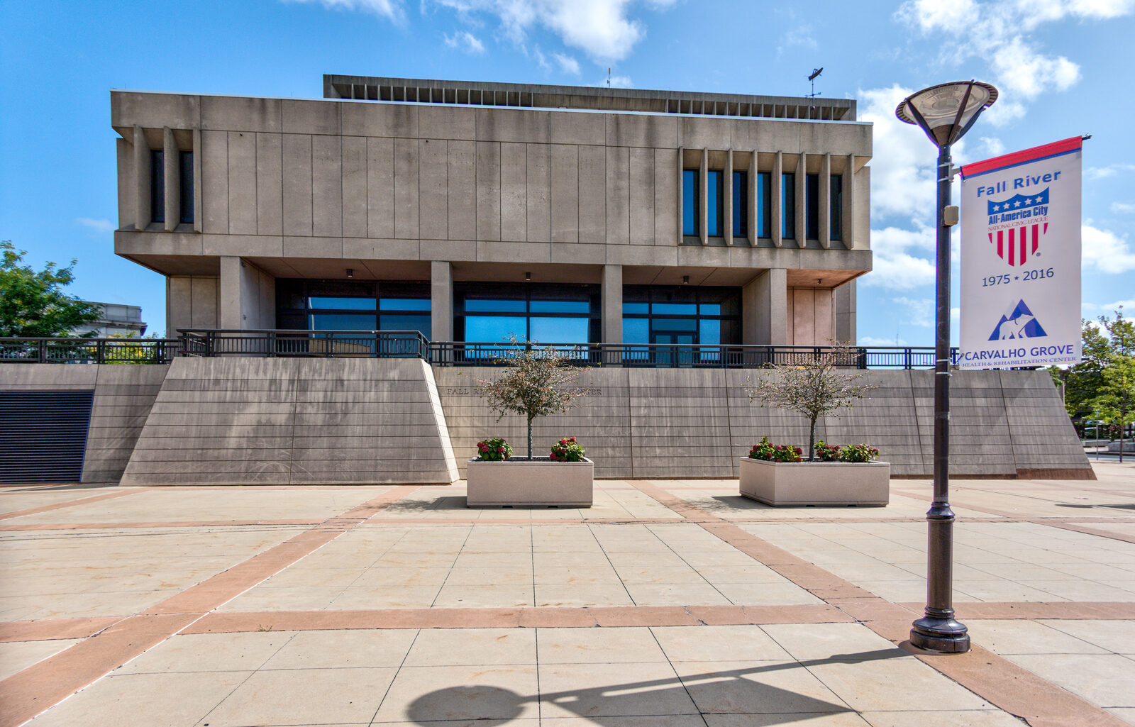 Fall River Government Center, a concrete city hall above a wide plaza