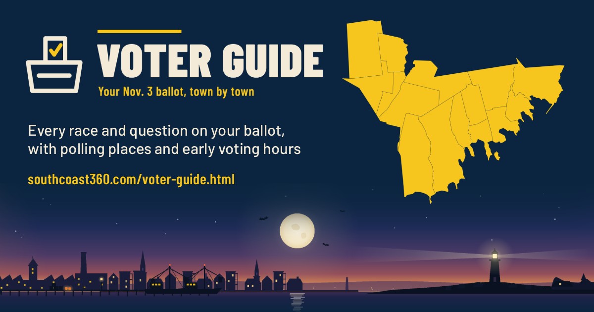 South Coast 360 voter guide card: the 15 South Coast towns in gold over the harbor at dusk, with southcoast360.com/voter-guide.html